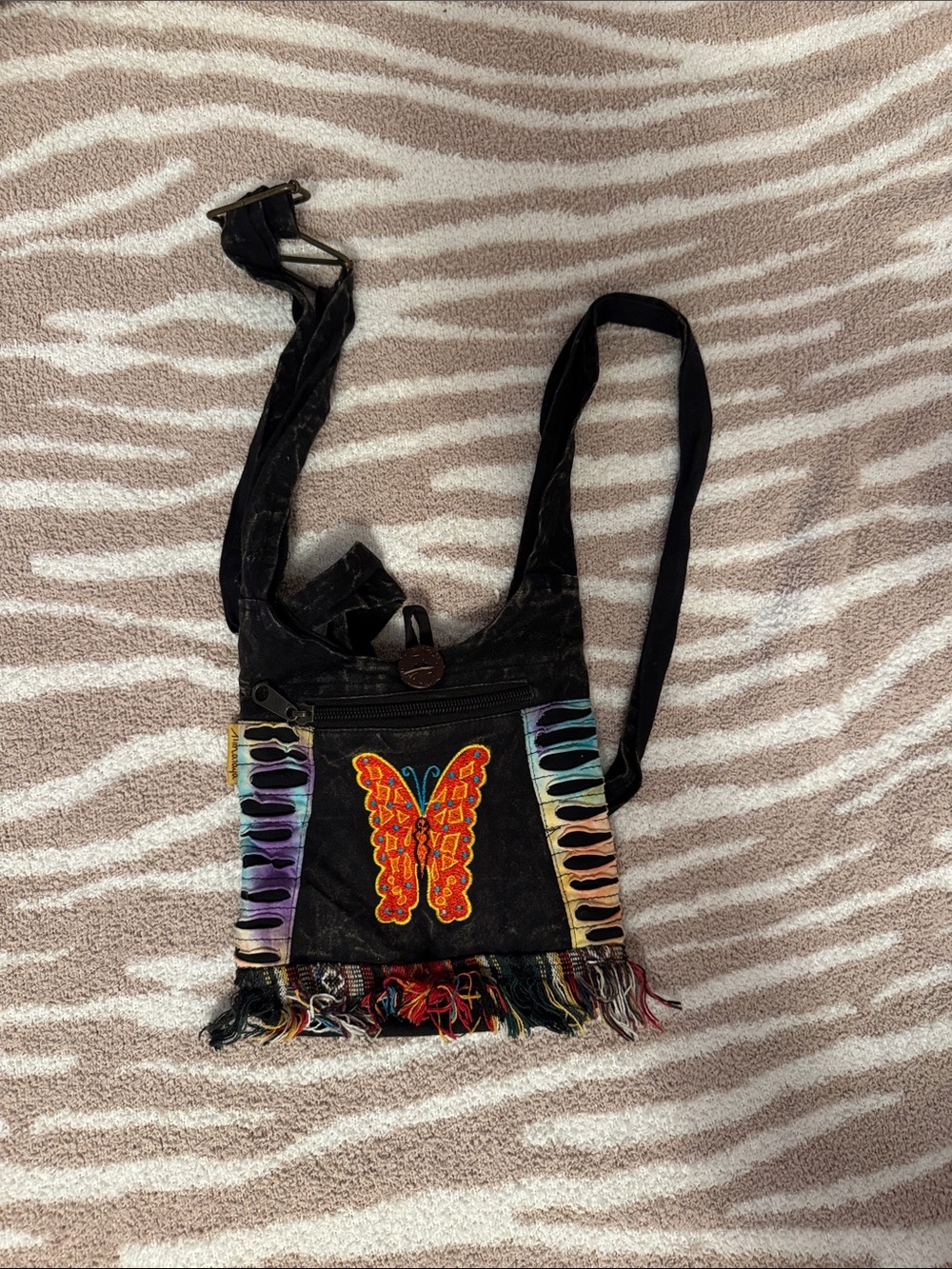 Boho Embroidered Butterfly Crossbody Bag - Black